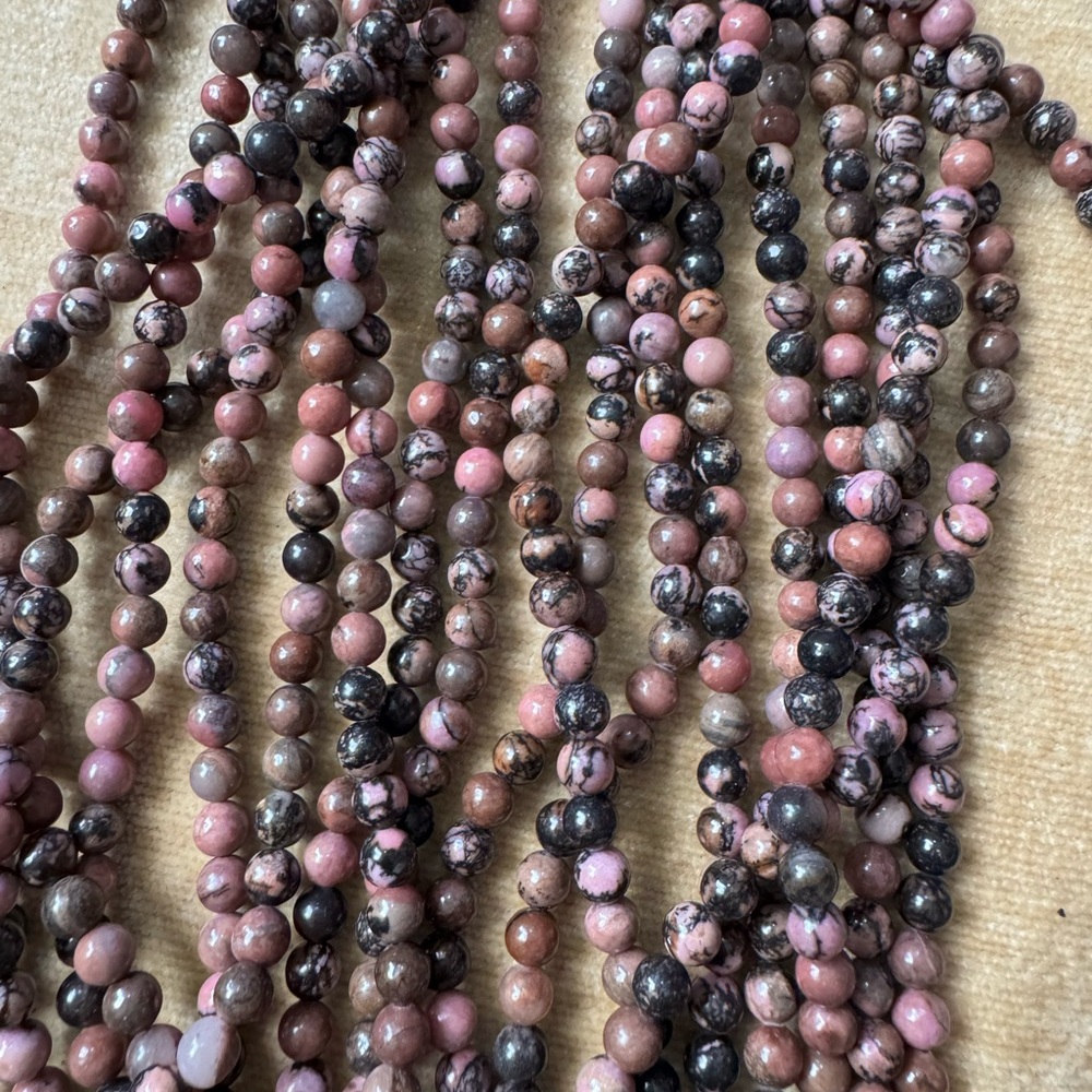 5 15” STRANDS OF PINK RHODONITE GEMSTONE 6MM ROUND BEADS